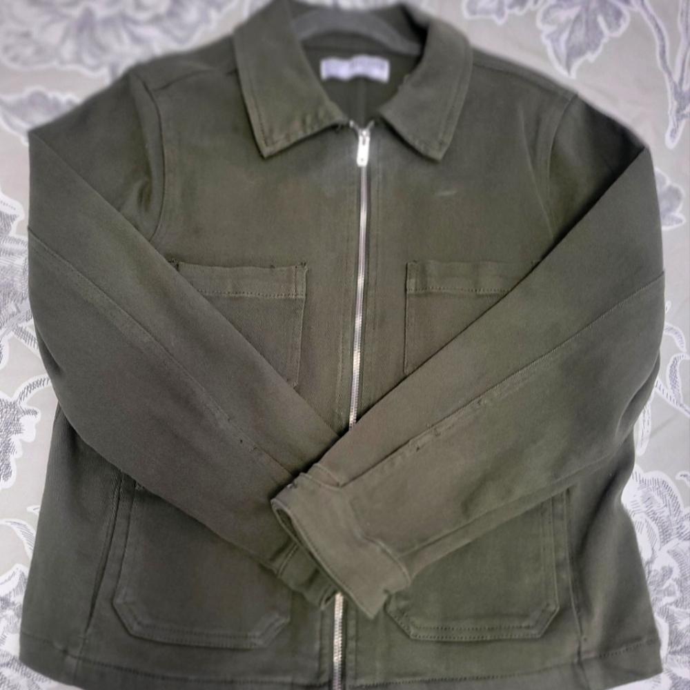 Olive Green Cotton Zip-Up Jacket Large Petite EUC